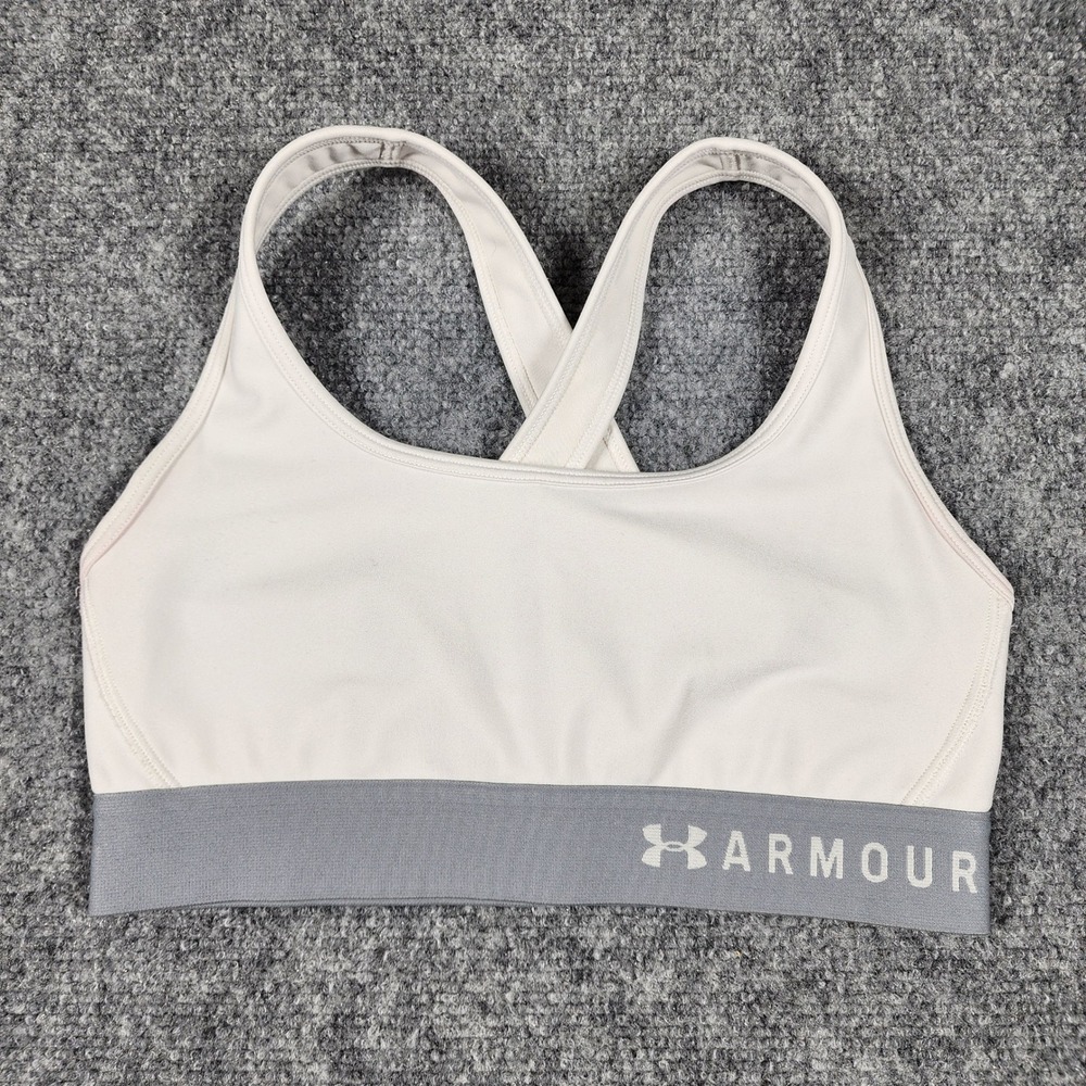 Under Armour Mid Crossback Sports‎ Bra White Gray Medium Impact HeatGear SM